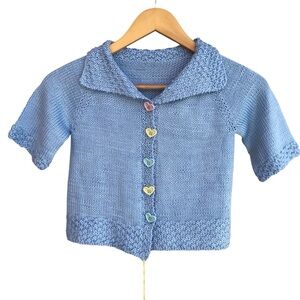 Handmade Crochet Blue Heart Button Sweater